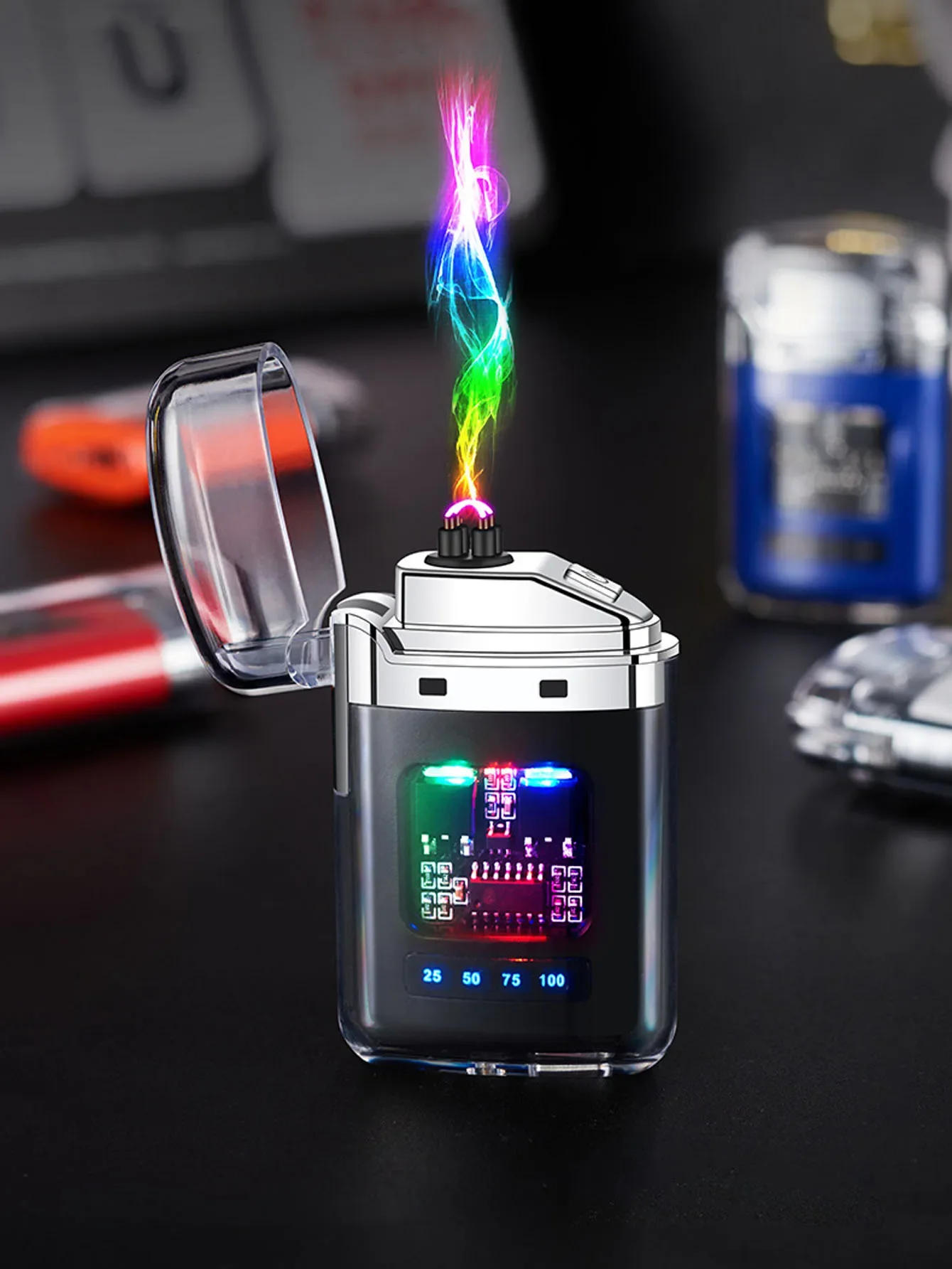 Description Picture 3 of itemNew Electronic Pulse Lighter Transparent Body Power Display Dual Arc Type C Rechargeable Windproof Plasma Lighter Smoking Gift