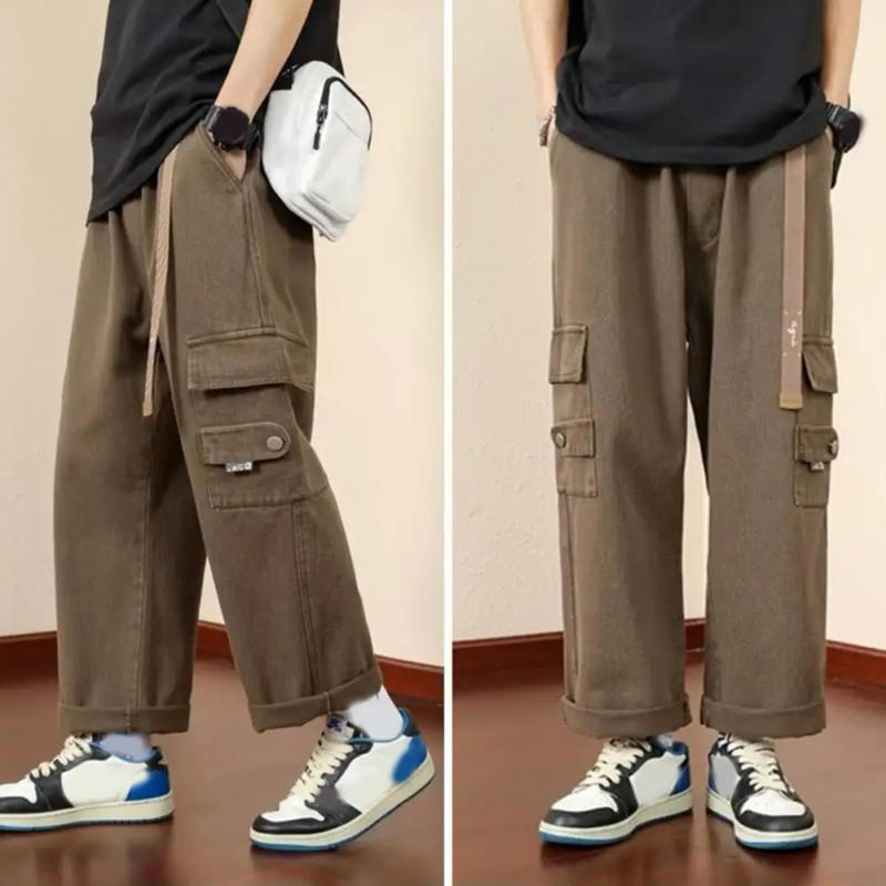 Description Picture 6 of itemMen Cargo Pants Elastic Waist Vintage Loose Multi Pockets Strap Decor Solid Color Soft Breathable High Street Daily Sports Stree