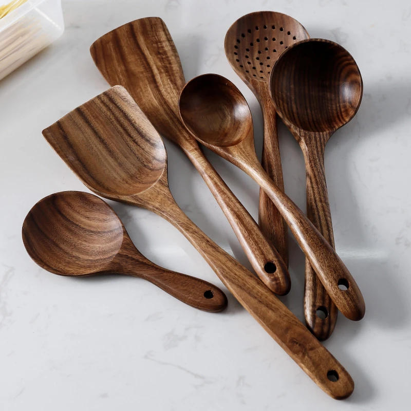 Description Picture 5 of item1~9PCS Thailand Teak Natural Wood Tableware Spoon Ladle Turner Long Rice Colander Soup Skimmer Cooking Spoons Scoop Kitchen Tool