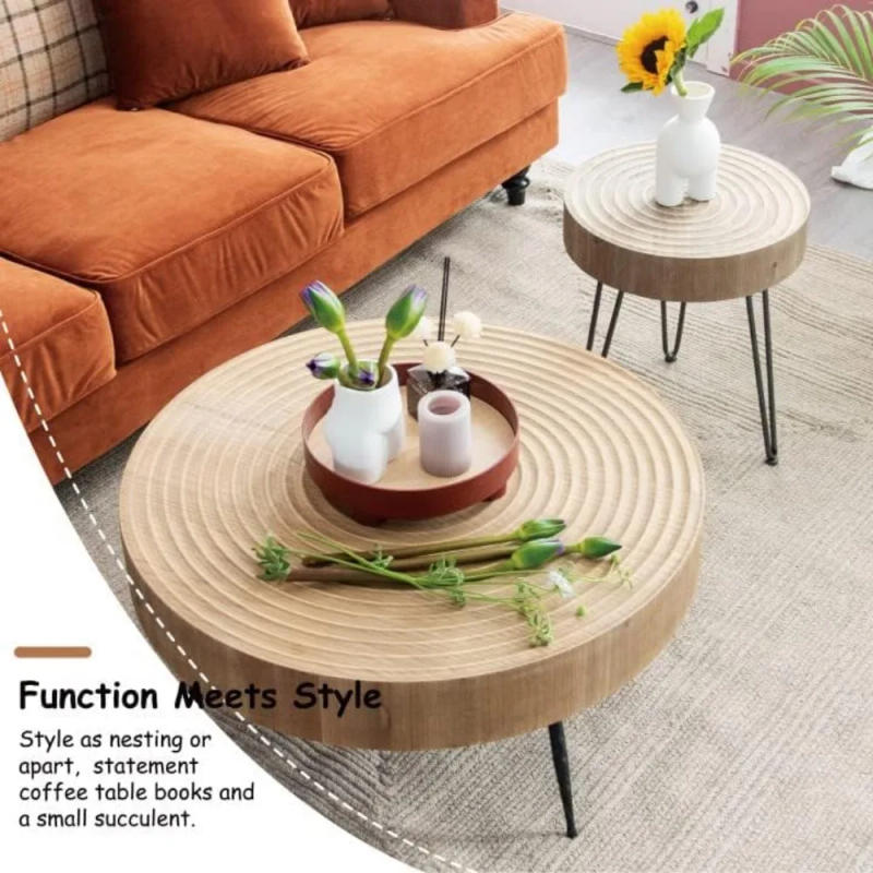 Description Picture 4 of itemModern Farmhouse Living Room Coffee Table Set, Nesting Table Round Natural Finish with Handcrafted Wood Ring Motif,