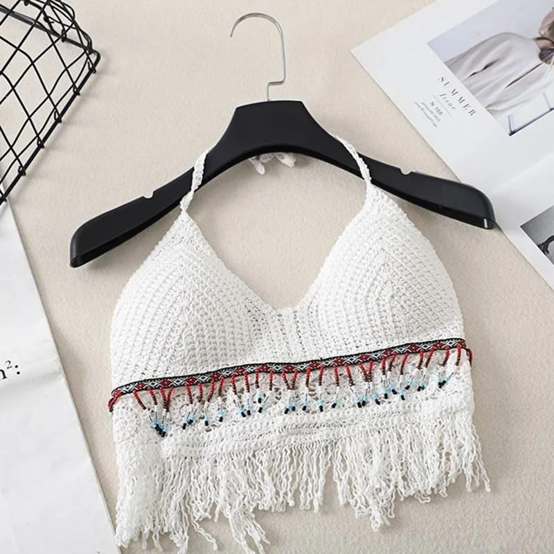 Description Picture 5 of itemSexy Hollow Out Underwear Women Summer Beach Short Tank Top Women Sweet Knitted Bra Tassel Women Short Top Debardeur Femme
