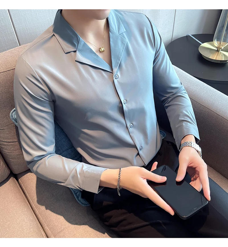 Description Picture 3 of item2022 Fashion Men Shirts Long Sleeve Casual Slim Fit Dress Shirts V-neck Streetwear Formal Social NightClub Party Tuxedo Clothing