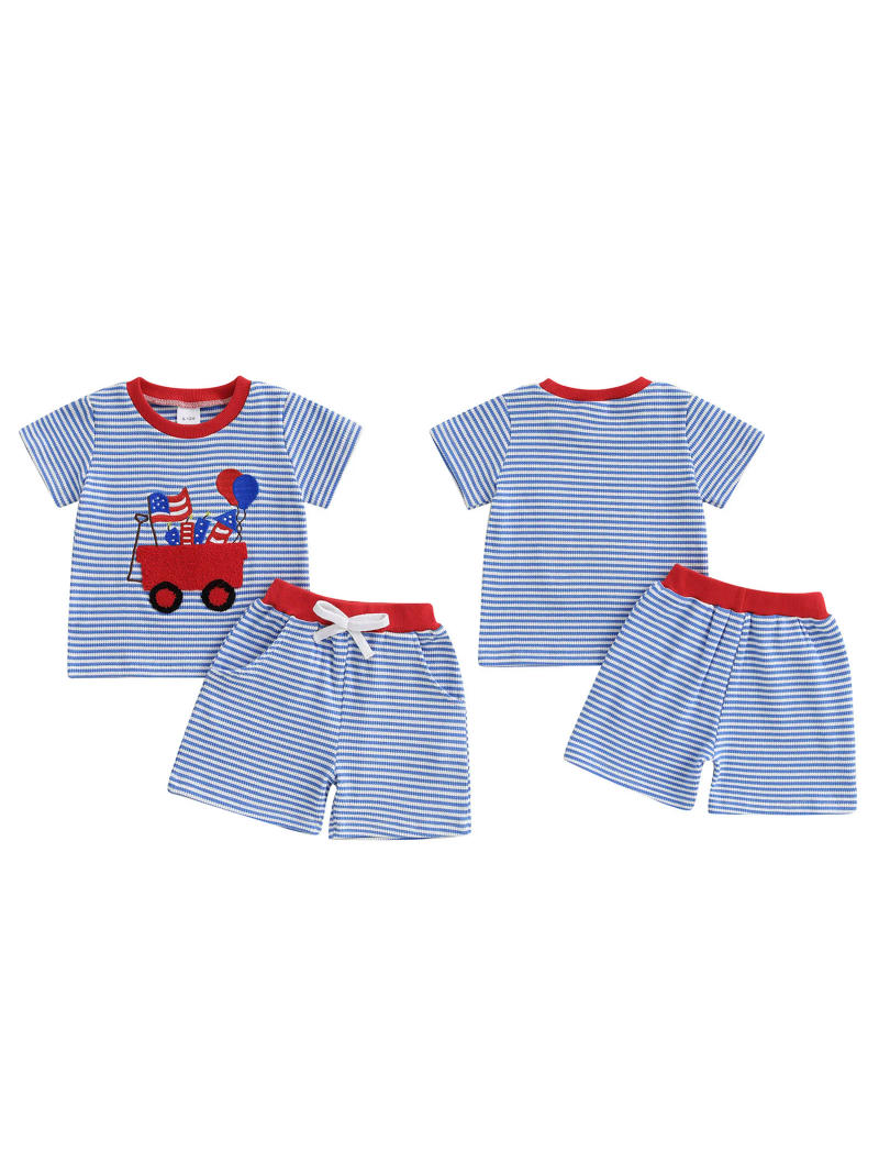 Description Picture 4 of itemBaby Boys Shorts Set Short Sleeve Embroidery T-shirt with Stripes Shorts Summer Outfit for 4th of July