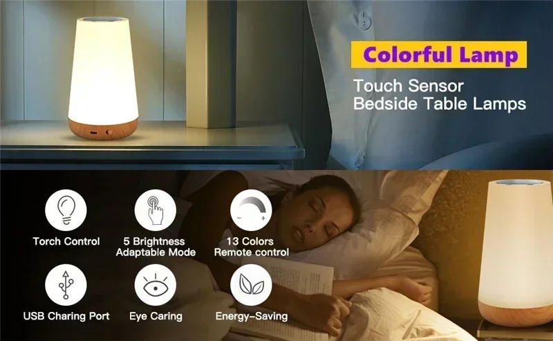 Description Picture 2 of item13 Color Changing Night Light RGB Remote Control Touch Dimmable Lamp Portable Table Bedside Lamps USB Rechargeable Night Lamp