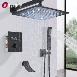 Black LED Thermostatic Modern Bathroom Whirlpool Shower Faucet Set Rain Waterfall Bathtub System Mixer Wall Mounted Button Tap