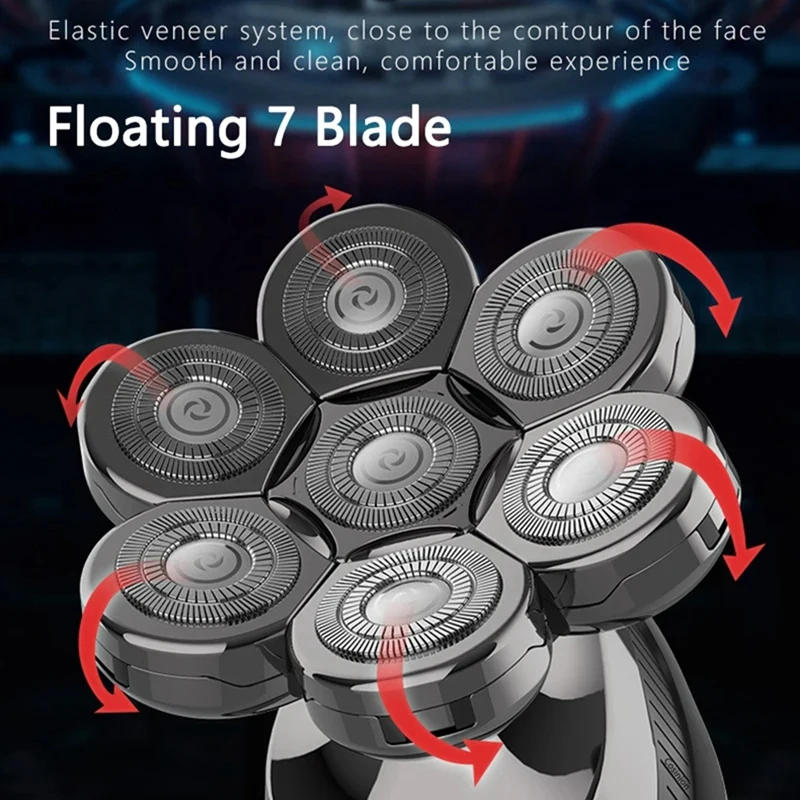 Description Picture 6 of item5 In 1 4D Men's Bald Electric Shaver 7 Floating Blades Beard Nose Ear Hair Trimmer Men's Facial Cleansing Brush