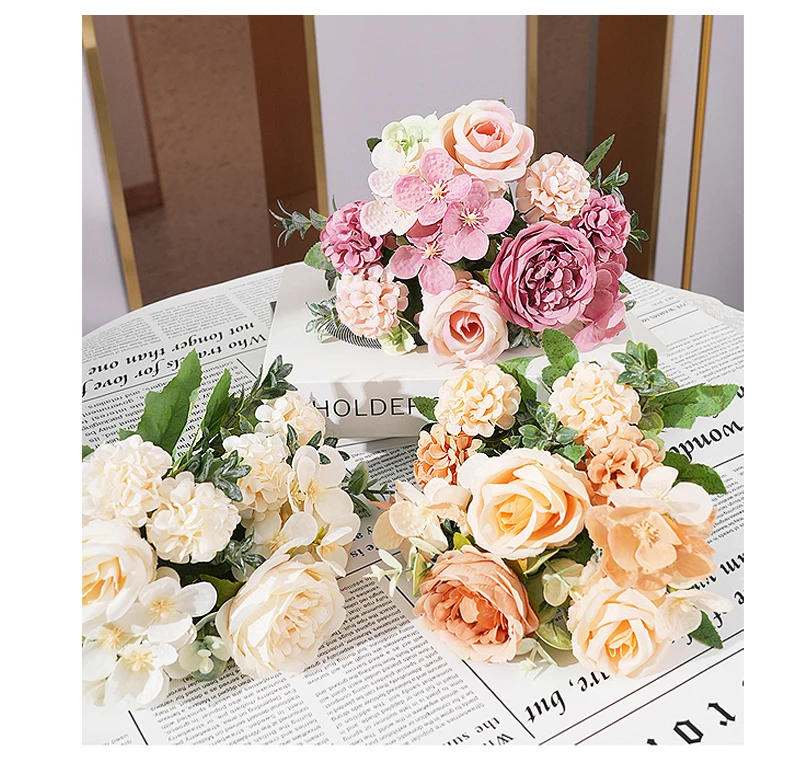 Description Picture 3 of item7 Heads Artificial Flowers Silk Peony Rose Hydrangea Bouquet Home Decorations Party Wedding Bride Fake Plants