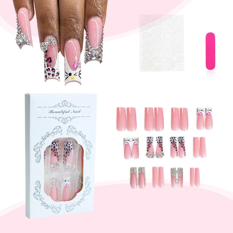Description Picture 4 of item24pcs Long Press on Nails HelloKitty Design with Rhinestones Acyrlic False Nails Coffin White French Wearable Fake Nail Tips Art