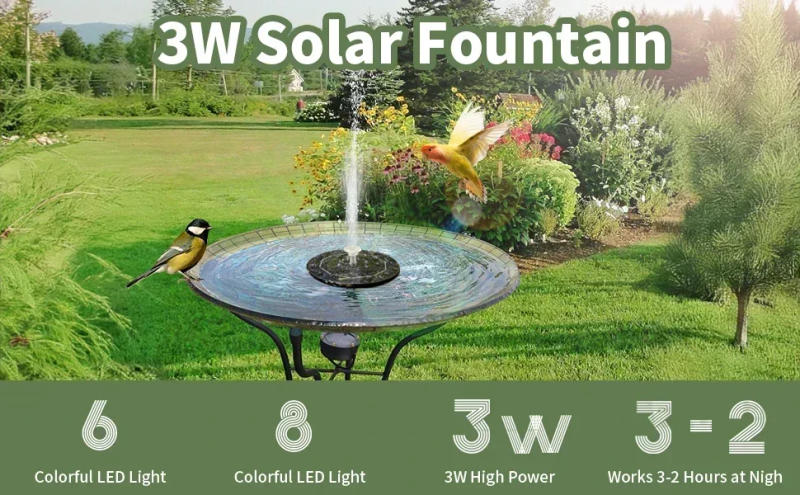 Description Picture 2 of item3.5W Fountain Light 7 Colors LED Solar Fountain Light Rotating Fountain with 6 Nozzle Water Pump Outdoor Bird Bath Garden Decor