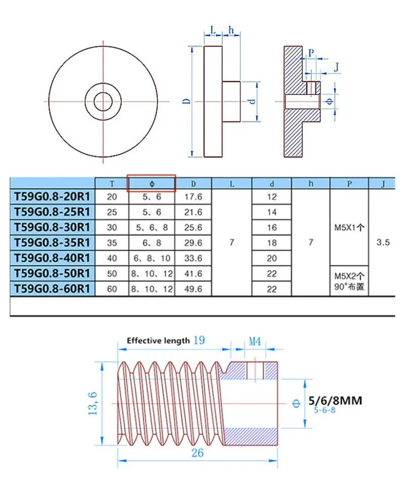 Description Picture 4 of item0.8M Precision Turbine Worm Gear Set 1:20/30/40/50/60 Teeth Stainless Steel Worm Copper Gear Accessories