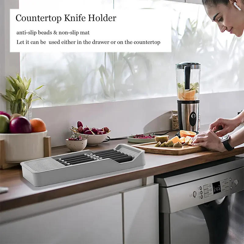 Description Picture 3 of itemKnife Block Holder with Expandable Organizer Storage Tray for Kitchen Countertop Retractable Knife Organizer Drawer Insert