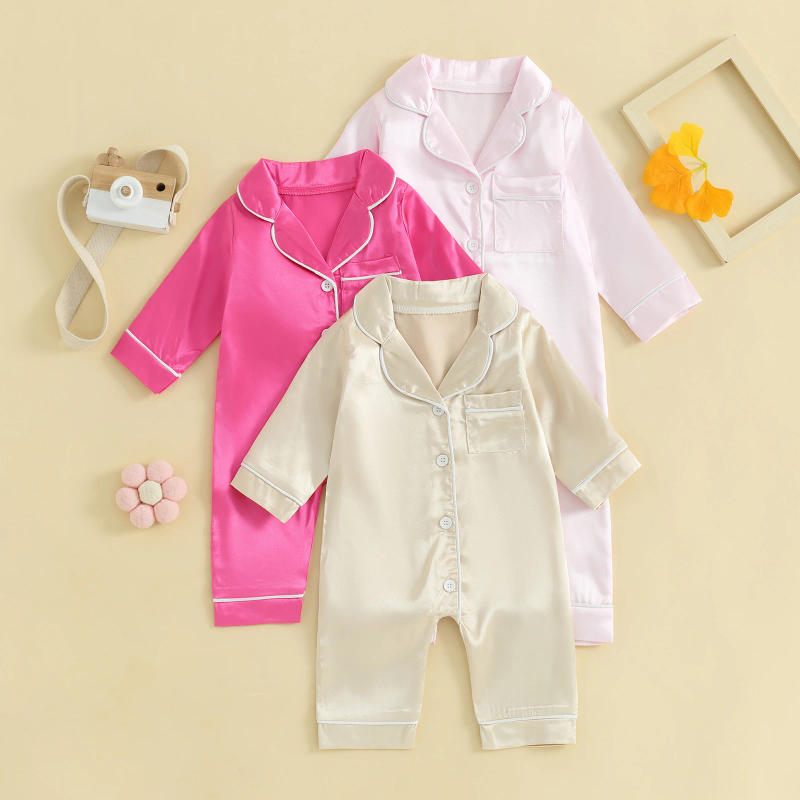 Description Picture 2 of itemSilk Satin Baby Girls Boys Jumpsuit Pajamas Solid Color Button Long Sleeves Kids Rompers for Toddler Infant Loungewear Sleepwear