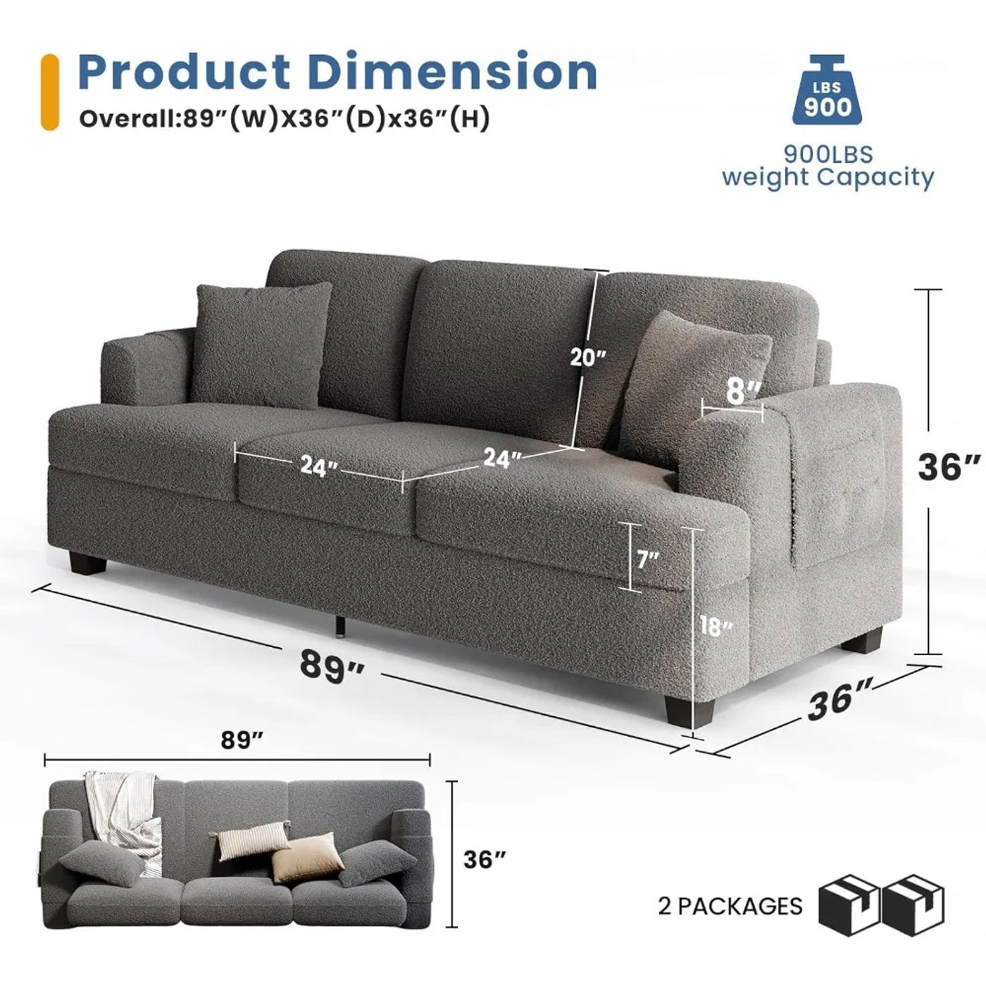 Description Picture 3 of itemDeep Seat Sofa 89" with Throw Pillow, Modern Sofa, Couches for Living Room, Comfy Sofa, Sleeper Couch, Bouclé, Dark Grey