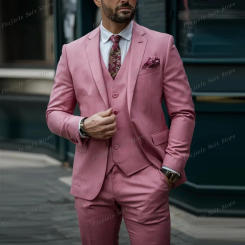 Pink Business Suit Groom Groomsman Prom Wedding Party Formal Occasion Men Tuxedos 3 Piece Set Blazer Vest Pants