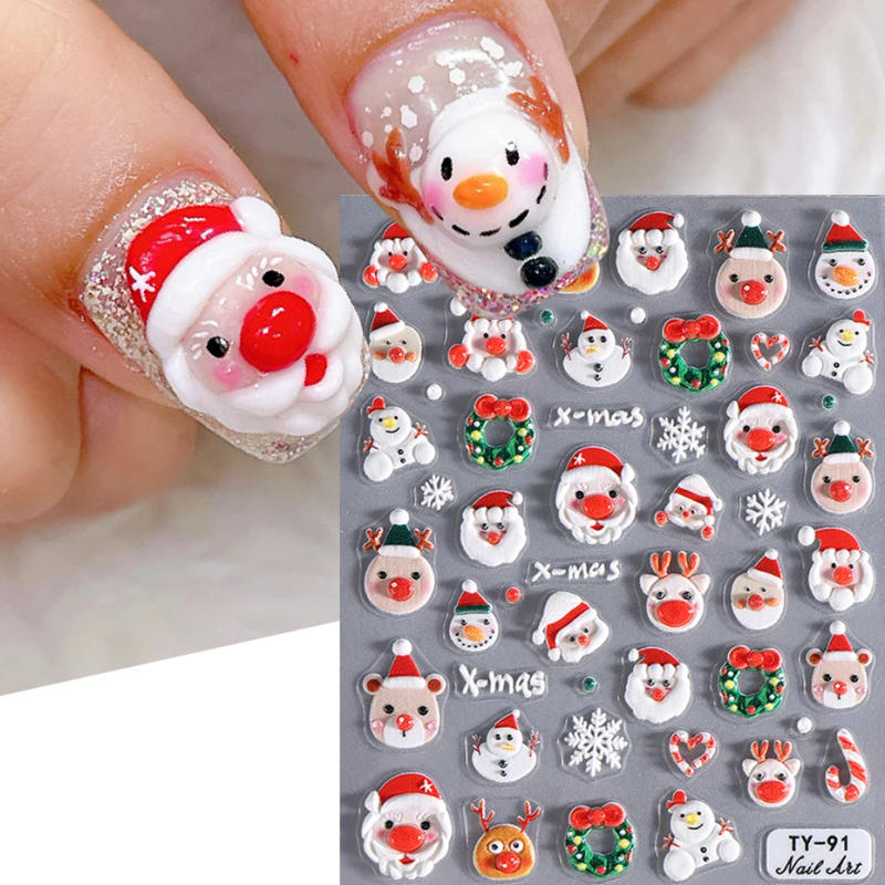 Description Picture 4 of item5D Embossed Cartoon Santa Nail Stickers Christmas Snowman Snowflake Elk Holiday Self-Adhesive Decals Manicure Decor Accessories