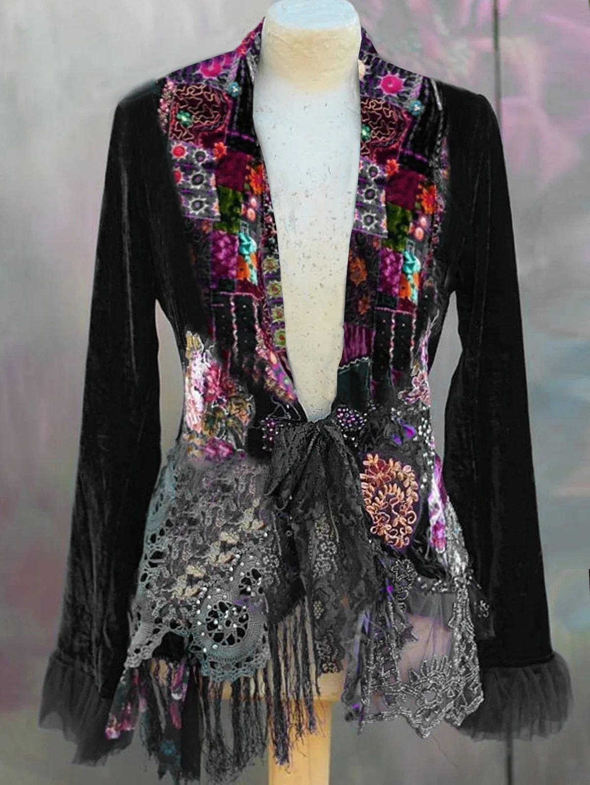 Description Picture 3 of itemWomen's Velvet Jacket 2025 Contrast Chic Buttons Vintage Patchwork Guipure Lace Bowknot Asymmetric Long Sleeve Loose Top