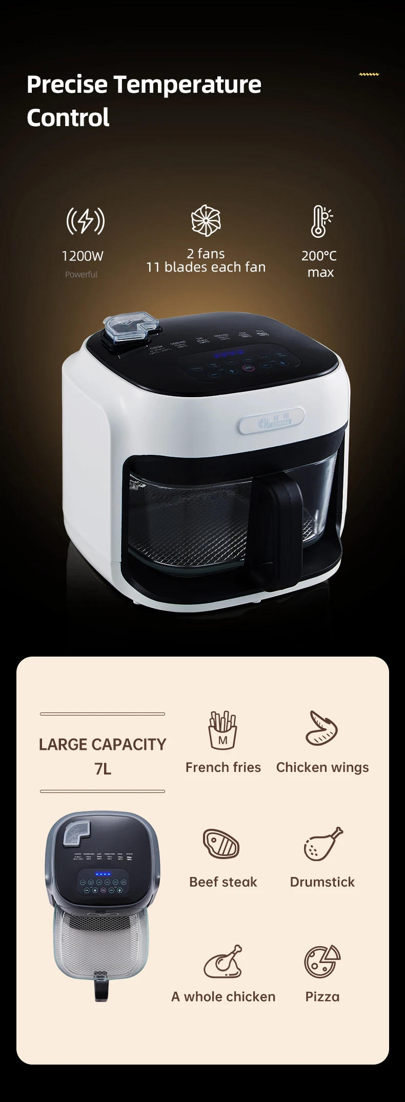Description Picture 4 of itemFactory Direct 7L 220V Oil-Free Air Fryer with Grill Customized Logo 220V Oven