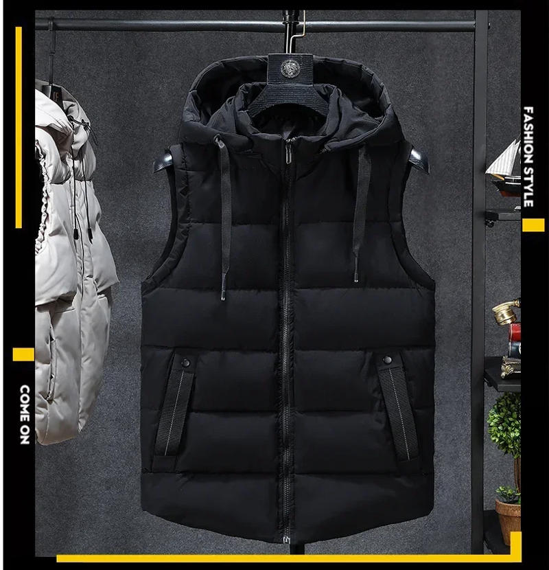 Description Picture 4 of itemPlus Size L-7XL Brand Men Vest Hooded 2023 New Autumn Winter Sleeveless Jackets For Men Casual Warm Cotton Waistcoat Black Gray