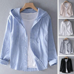 1pc Männer Langarmhemd Anti-UV-Männer Button-Down-Shirt atmungsaktive Herren gestreiften Druck Sonnenschutz Kapuze Strickjacke für Männer