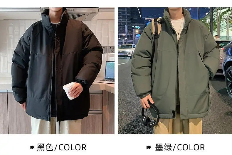 Description Picture 3 of itemWinter Stand Collar Solid Short Cotton-padded Jackets Men's Loose Casual High Street Parkas Men Tops Male Clothes