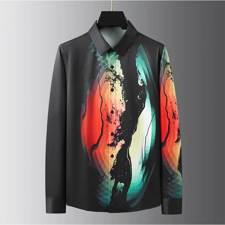 Description Picture 4 of item2024 Spring Gradient Print Shirt for Men Brand Slim Casual Business Dress Shirts Social Nightclub Streetwear Tuxedo Blouse M-3xl