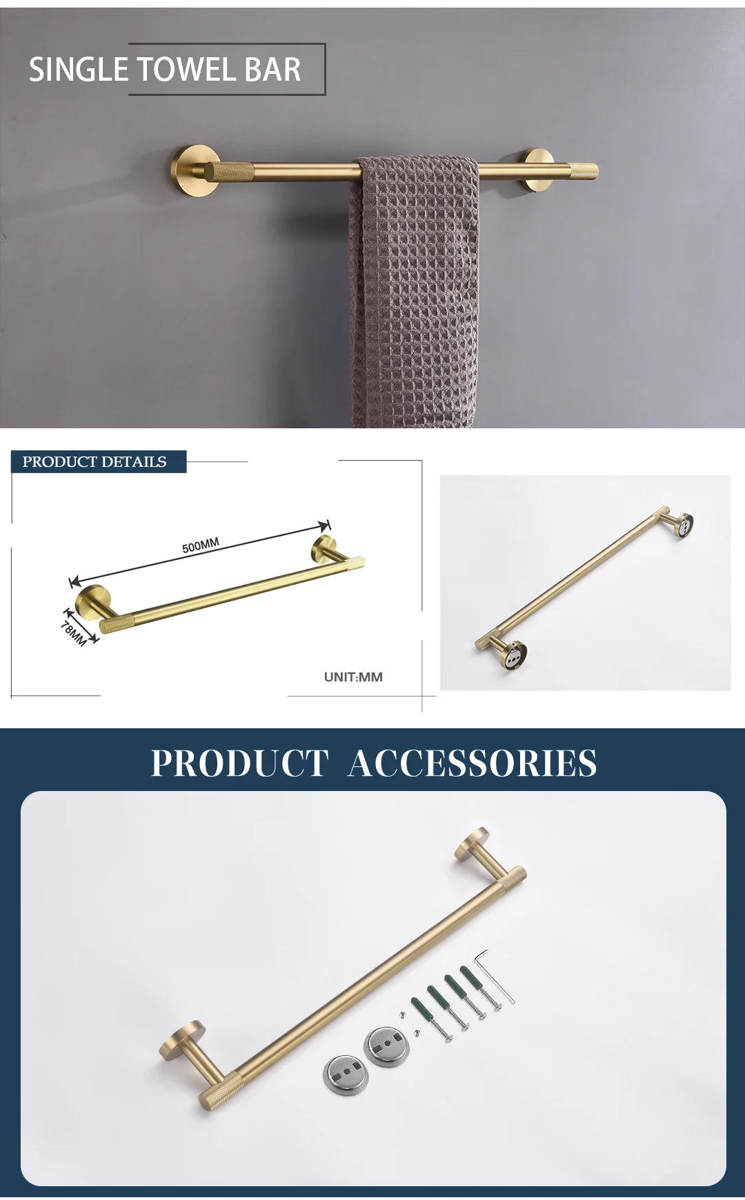 Description Picture 2 of itemBrushed Gold Brass Knurling Bathroom Accessories Set Wall Mount Hand Towel Rack Toilet Paper Holder Robe Hook Hanger