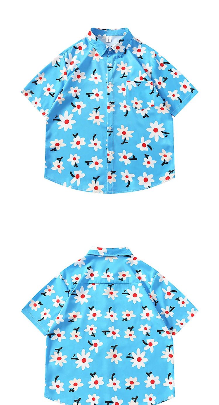 Description Picture 3 of itemMen Women Hawaiian Floral Print Short-sleeved Lapel Shirts Trendy Summer Beach Seaside Vacation Style Loose Casual Blouse Tops