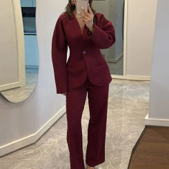 Blazer Jackets Pants Sets Women Elegant Solid Deep V-neck Shoulder Pad Suit With Straight Pant Fashion Office Lady Street Outfit
