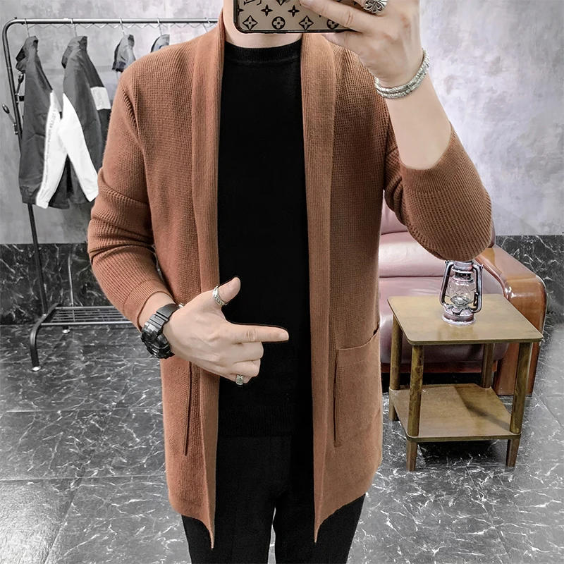 Description Picture 3 of itemNew Mid Length Cardigan Men Spring Autumn Kintted Mens Sweatercoat Fashion Slim Casual Solid Color Knitting Cardigan Outerwear