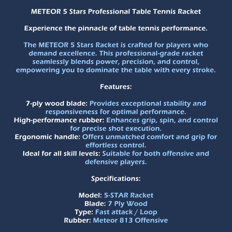 Description Picture 3 of itemMETEOR 5 Stars Professional Table Tennis Racket High Performance Offensive Rubber Fast Attack Spin Ping Pong Bat Paddle