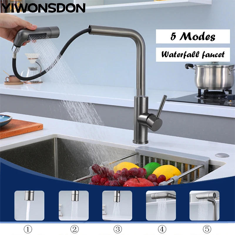 Description Picture 3 of itemYIWONSDON Gray 5 Modes Pulling Out Waterfall Kitchen Sink Faucet Hot Cold Mixer Water Basin Desk Mounted Black Tap Accessories