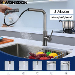 YIWONSDON Gray 5 Modes Pulling Out Waterfall Kitchen Sink Faucet Hot Cold Mixer Water Basin Desk Mounted Black Tap Accessories