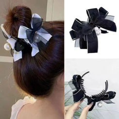 Mesh Bowknot Hair Claw Korean Style Pearl Bowknot Ponytail Holder Hairpin Hair Accessories Bowknot Vertical Clip Straight Hair