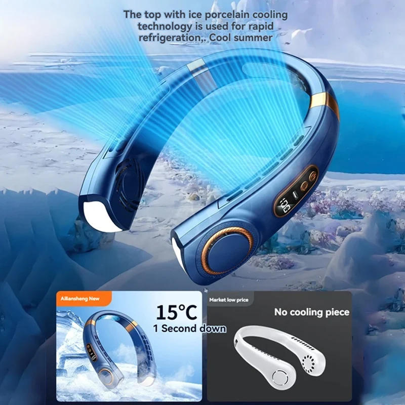 Description Picture 5 of item2024 New Portable Hanging Neck Fan LED Digital Display Light USB Rechargeable Bladeless Electric Fan Mini Air Cooler Camping fan