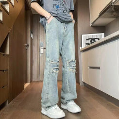 2024 New Men Solid Colour Ripped Jeans Fashion Trend Men's Loose Comfortable Daily High Street Trousers