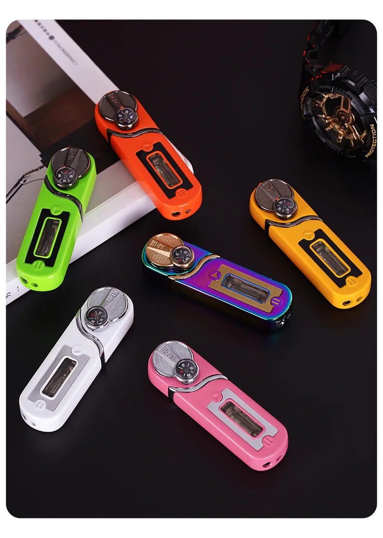 Description Picture 4 of itemOutdoor Windproof Inflatable Compass Lighter Blue Flame Mini Portable Rocker Ignition Visible Gas Chamber Cute Lighter