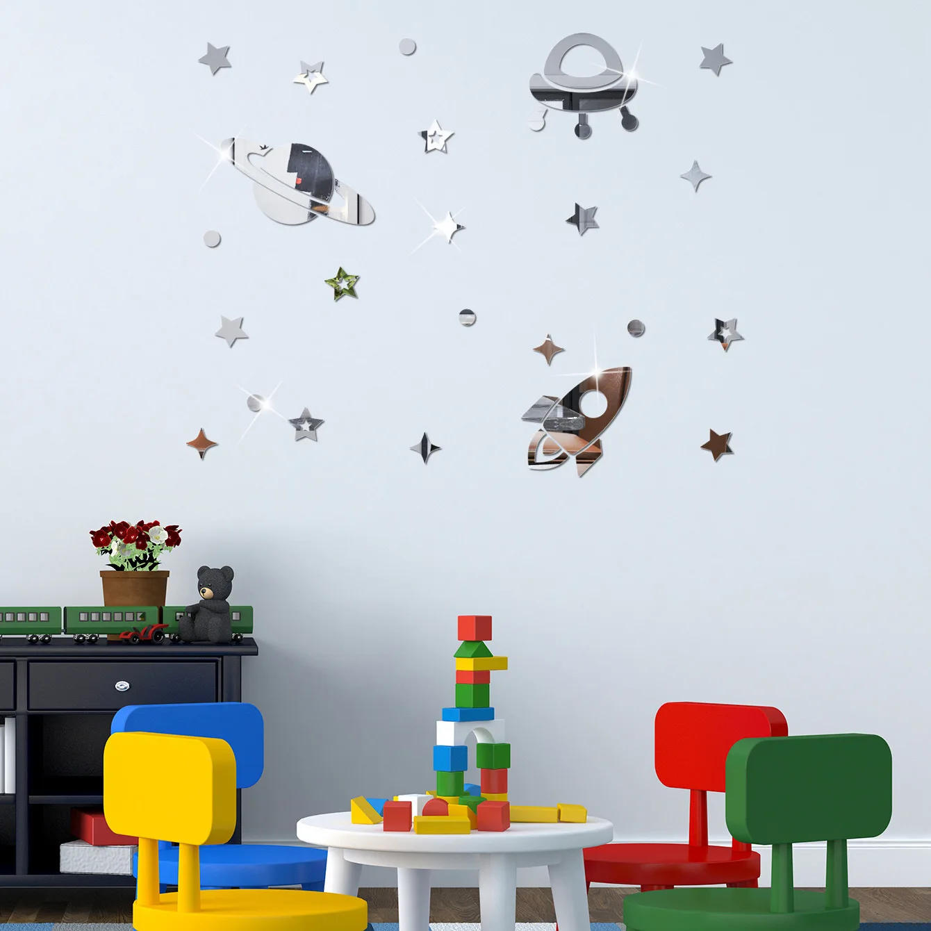 Description Picture 3 of item33pcs Planet Shape Mirror Wall Stickers 3D Acrylic Universe Stars Wall Decal Self-Adhesive For Kids Room Bedroom Home Decor