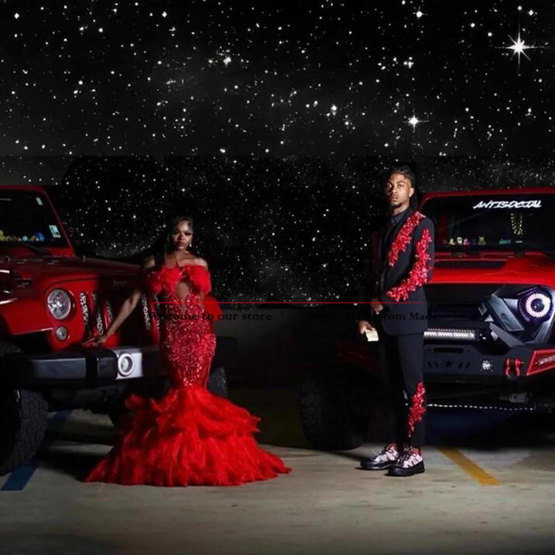 Description Picture 4 of itemRed Beaded Gem Suits Men For Wedding Luxury Single Breasted Appliques Jacket Pants 2 Pieces Formal Groom Tuxedos Tailored Made