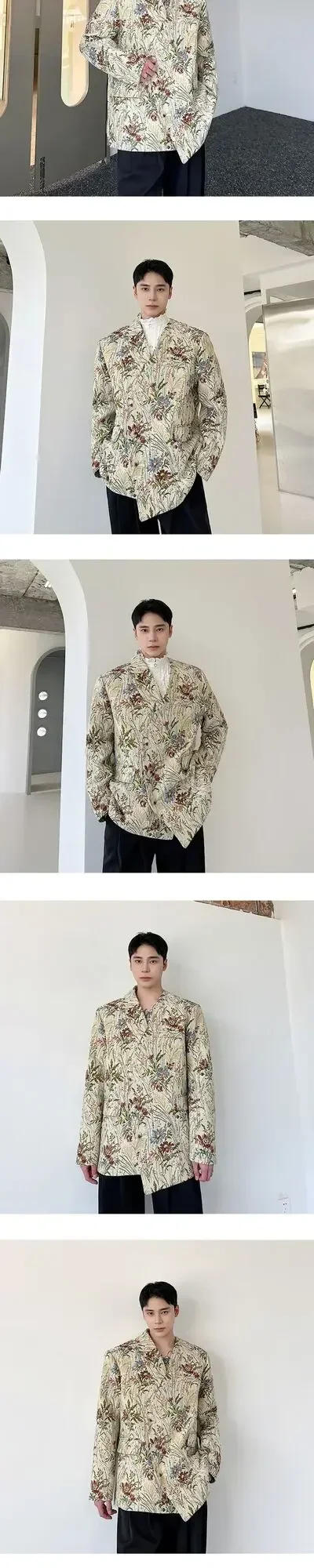 Description Picture 6 of item2024 Spring Trendy Original Floral Print Niche Design Men's Blazer Jacket Asymmetric Shoulder Pad Male Suit Coat 3cb11b