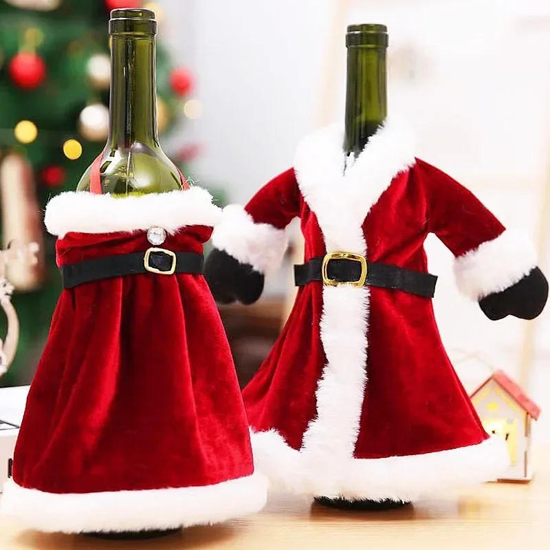 Description Picture 6 of item10-1PCS Wine Bottle Cover Christmas Red Velvet Dress Clothes Wine Bottles Bags Dinner Table Ornament New Year Party Home Decors