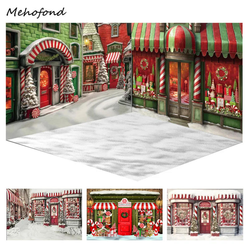 Description Picture 3 of itemMehofond Red Candy Shop Xmas House Photography Backdrop Snow Christmas Trees for Family Birthday Party Background Photo Studio
