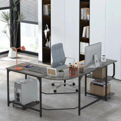 Reversible Panel L-Shaped Wood Computer Desk PC Steel Corner Table Workstation with S-Shaped Bookshelves Home Office