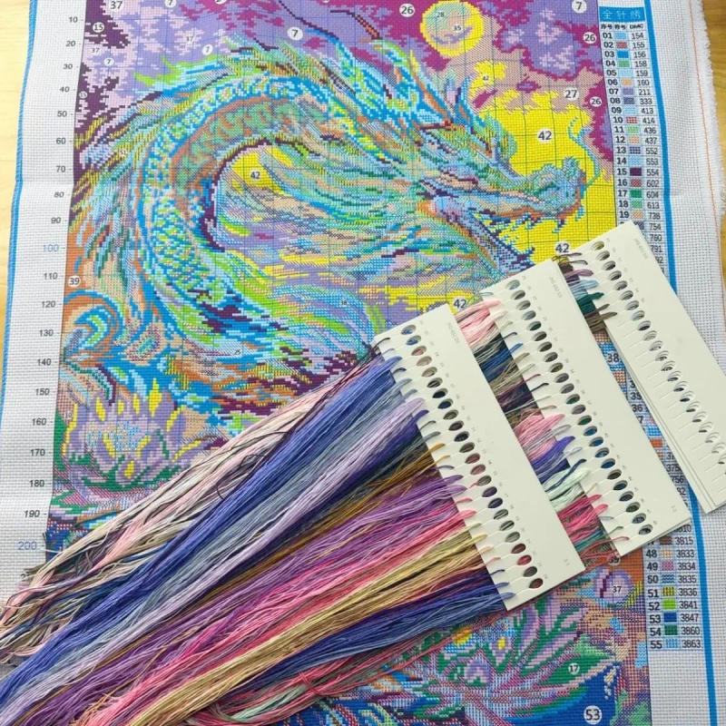 Description Picture 4 of item9ct 65X85cm Dragon and Phoenix Pre-Printed Cross Stitch DIY Embroidery Set Handicraft Floss Needle Crafts