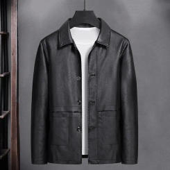 Men Faux Leather Jacket Men Solid Color Casual Coat Stylish Men's Fleece-lined Faux Leather Jacket Lapel Long for Autumn/winter