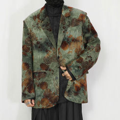 NDNBF 2024 Spring New Green Suit Coat Men's Large Size New Chinese Flower Flocking Loose Small Suit Coat