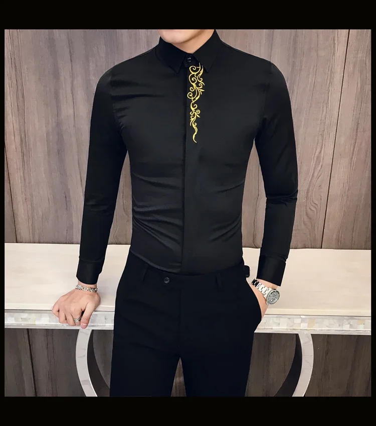 Description Picture 3 of item2024 Autumn Men's Embroidered Shirt Long-sleeved Slim-fit Men's Business Casual Shirt Solid Color Retro Slim-fit Shirt