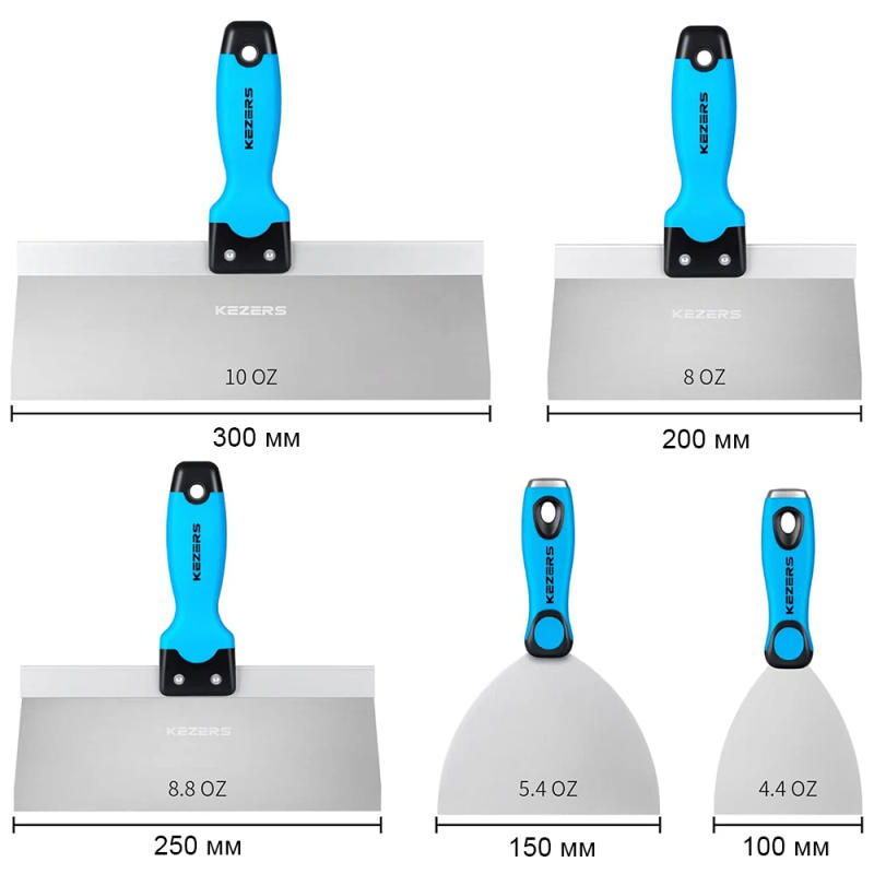 Description Picture 4 of itemKEZERS Drywall Hand Tool Kit, 5/7 Pieces 3" 4" 5" 6" 8" 10" 12" Stainless Steel Drywall Knife with Metal Hammer End