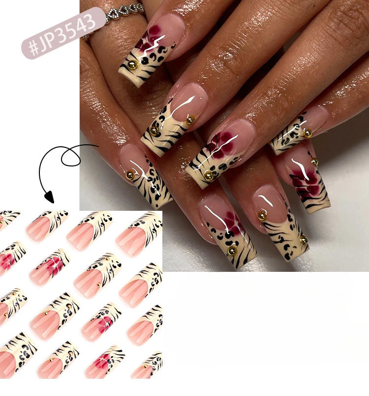 Description Picture 2 of item24Pcs Long Coffin Leopard Print False Nails with Glue Sweet Cool Diamond Fake Nail Set Floral French Press on Wearable Nail Tips