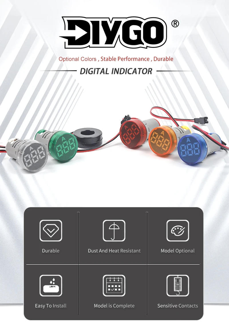 Description Picture 2 of item22mm Frosted Round Panel Digital Ammeter Amp Tester Meters LED Indicator Pilot Lamp Light Current Meter 0-100A  AC 50-500V