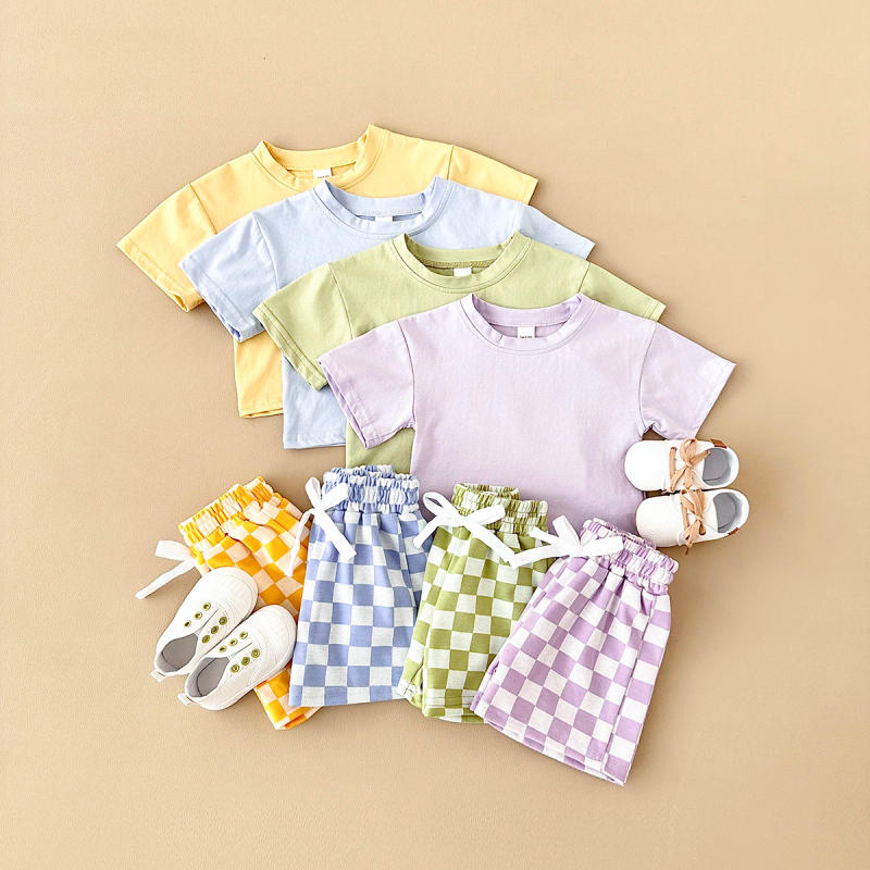 Description Picture 4 of item2024 Newborn Summer Boys Clothing Set Solid Color Short Sleeved T-shirt+Checkerboard Shorts Cotton Girls Casual Children Suit